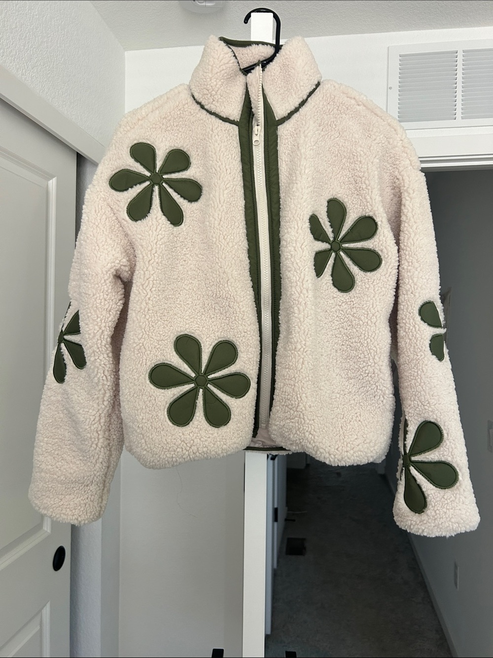 Thread & Supply Cream Sherpa Jacket with Olive Green Floral Appliqués